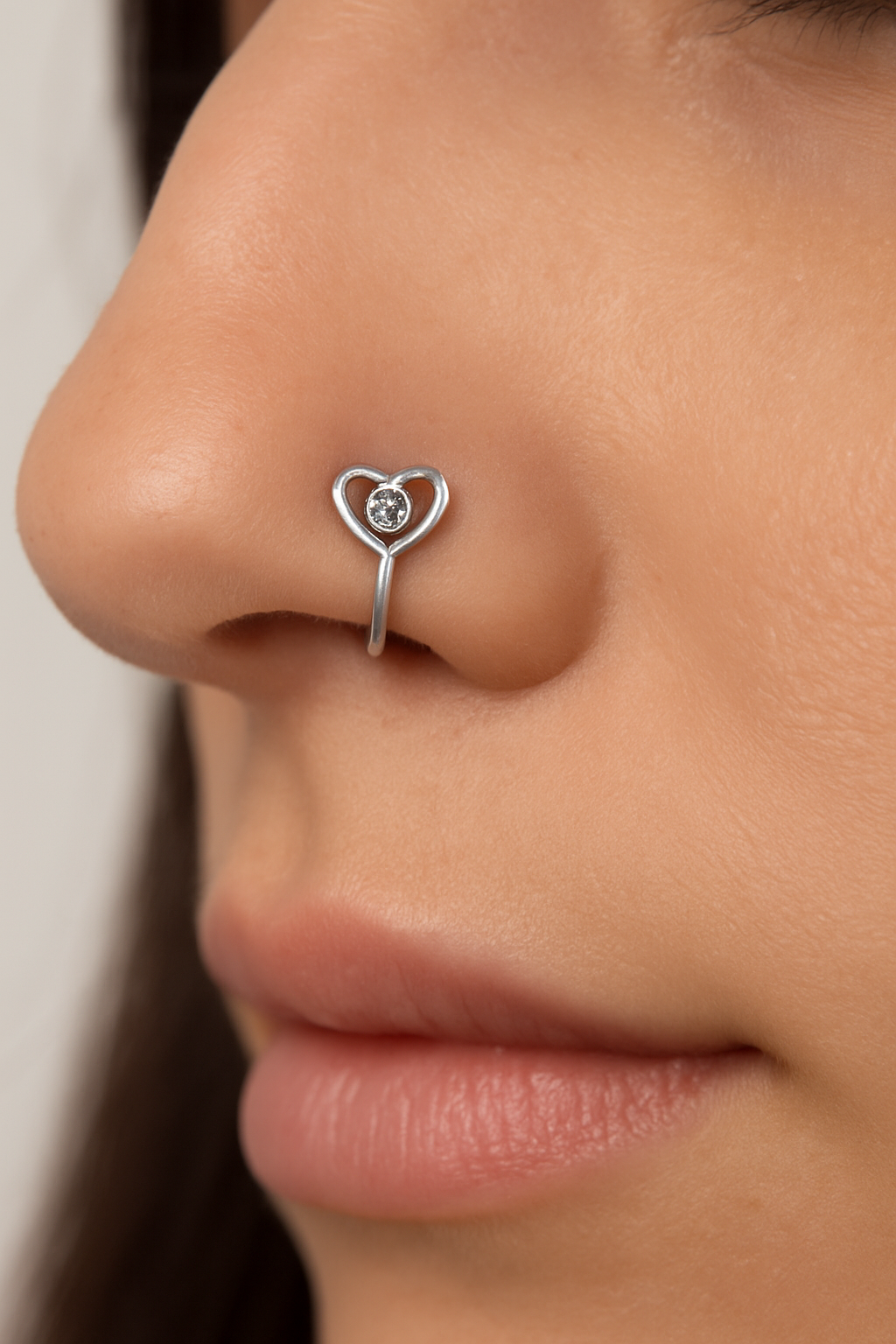 Silver Heart Nose Ring & Stud on model