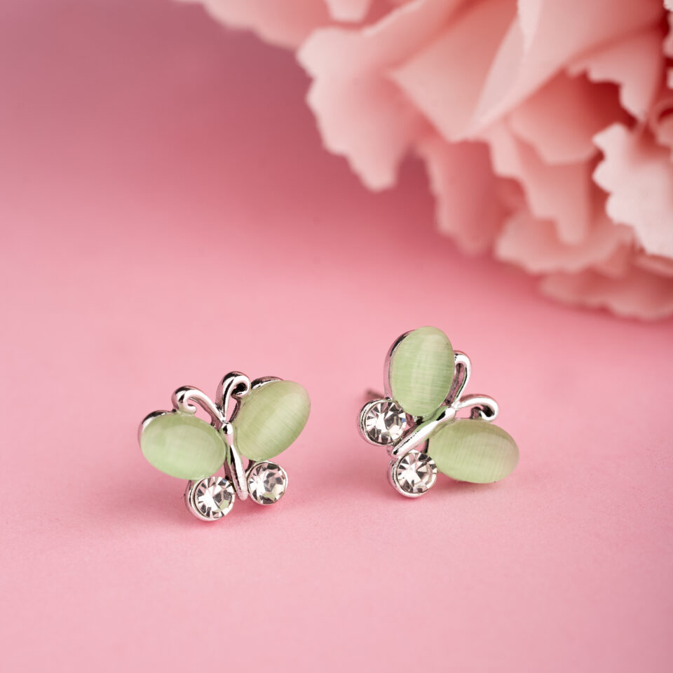 Silver Dainty Green Butterfly Stud Earring