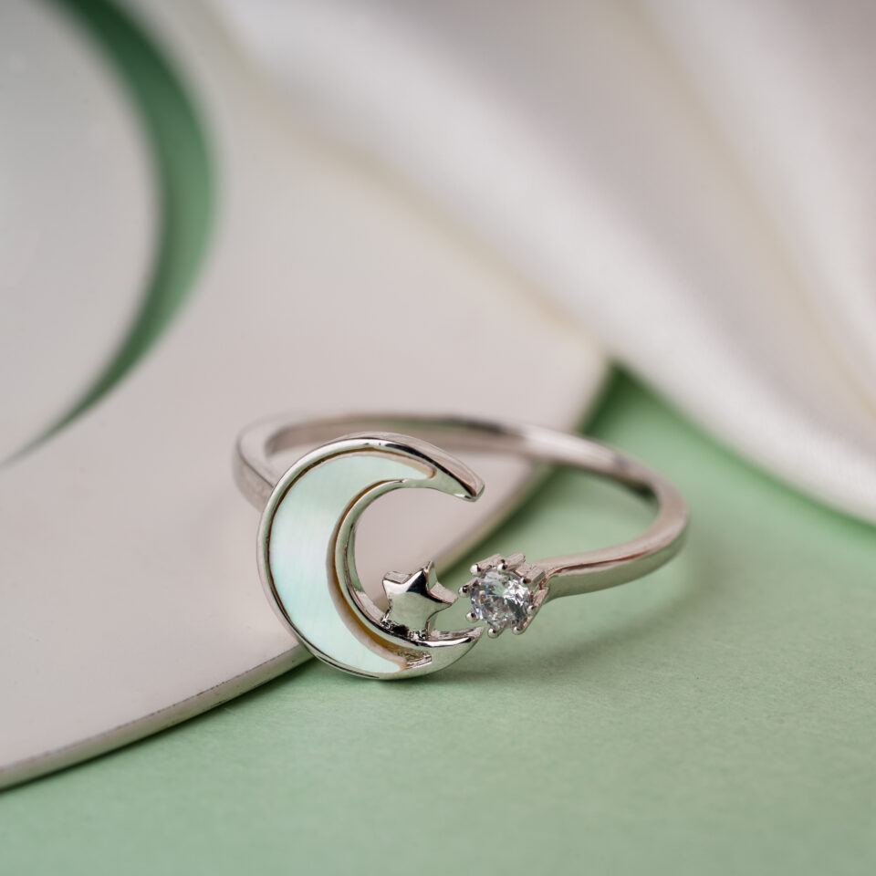 Silver Crescent Moon and Star Ring