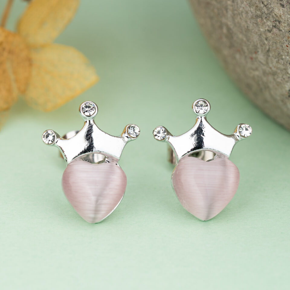 Silver Pink Crown Stud Earring