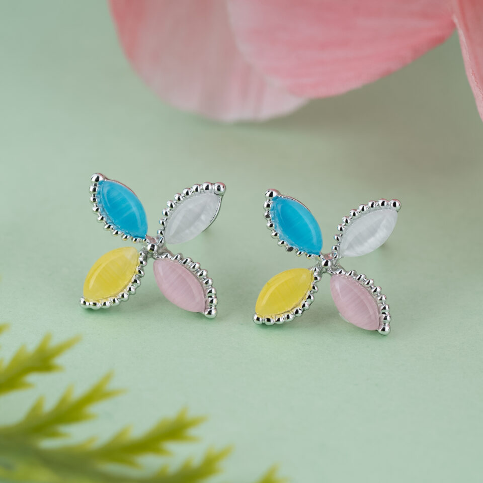 Silver Multicolor Flower Stud Earring