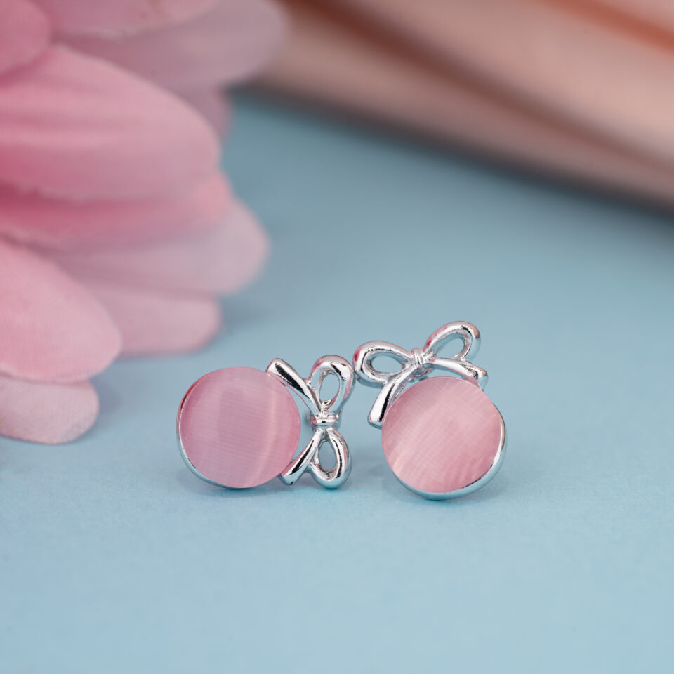 Silver Pink Bow Stud Earring