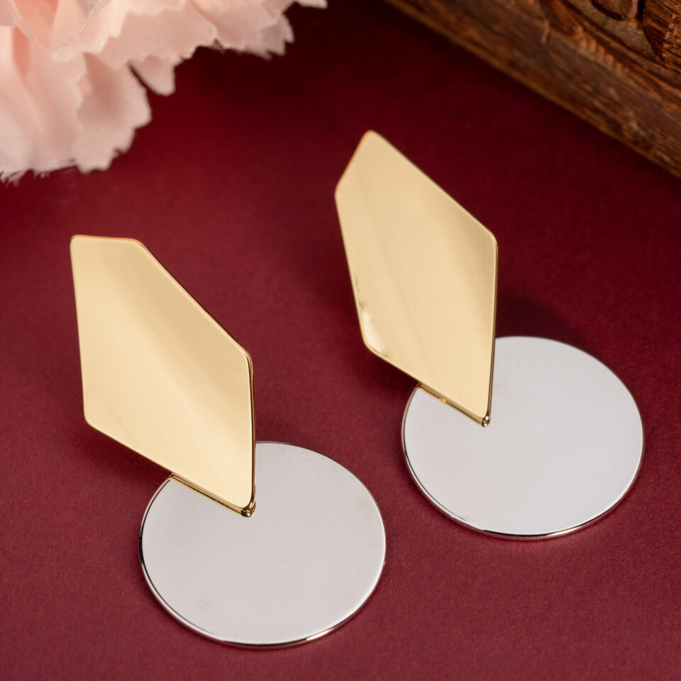 Brass Gold n Silver Asymmetric Drop Earring