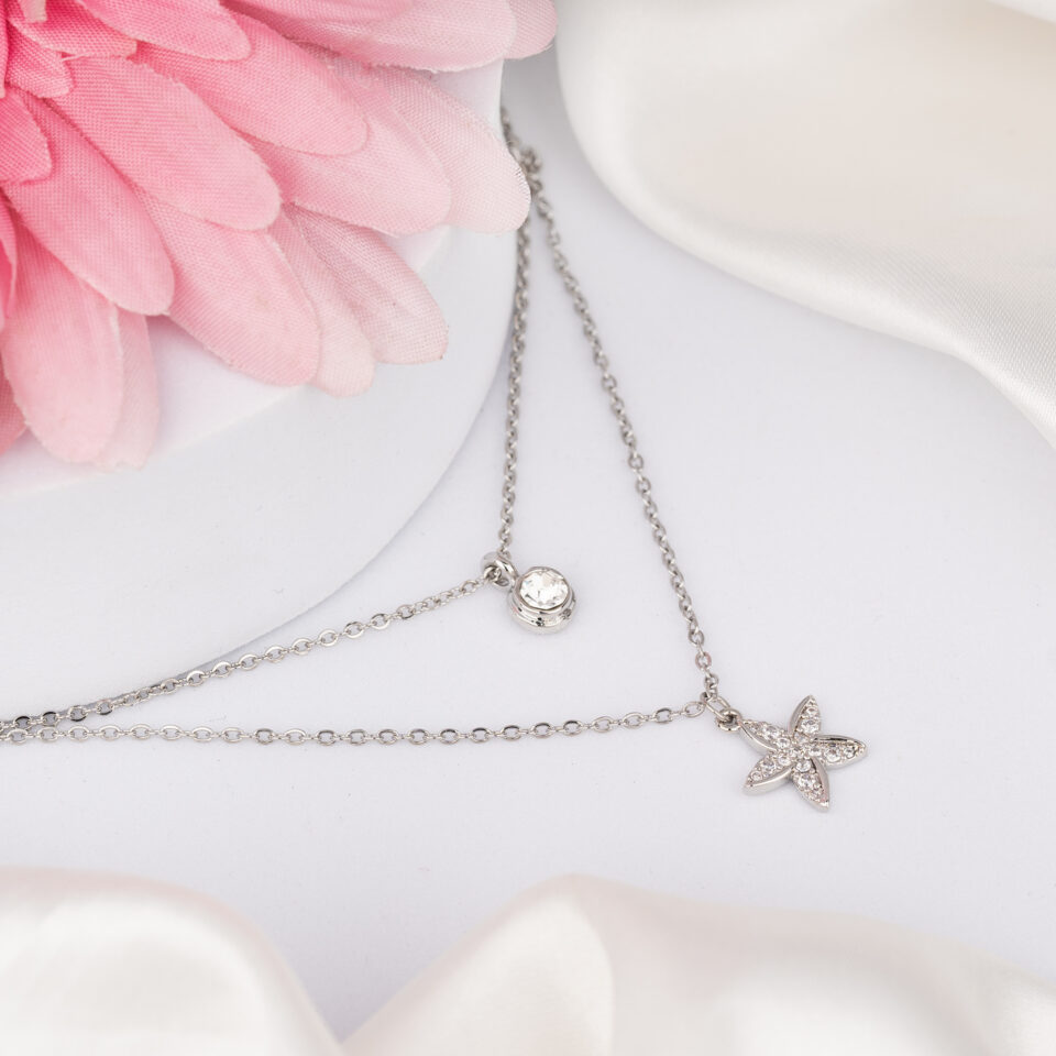 Silver Double Layered Sparkling Starfish Necklace