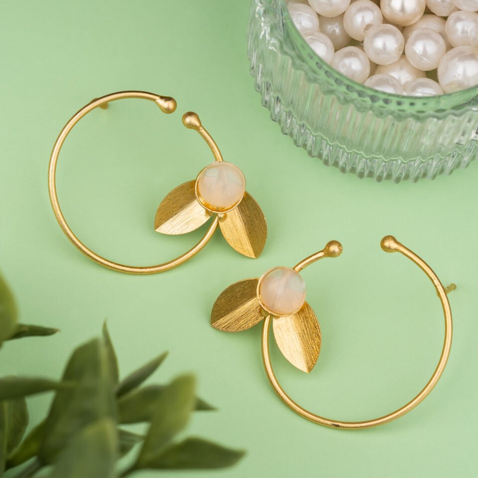 Charmiq Women’s Brass Floral Hoop Earrings with White Stone