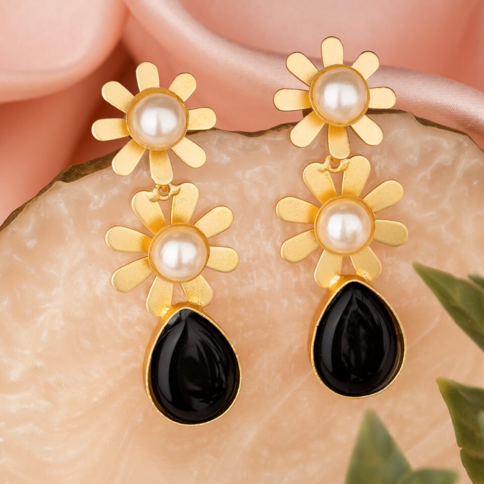 Charmiq Black Stone Floral Brass Hoop Earrings