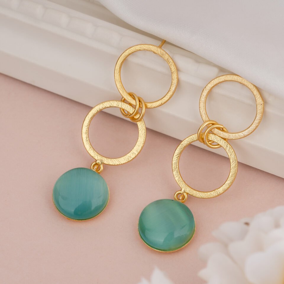 Charmiq Aqua Blue Stone Brass Earrings