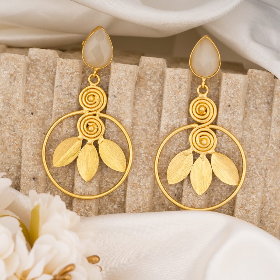 Beige Stone & Leaf Motif Brass Earrings