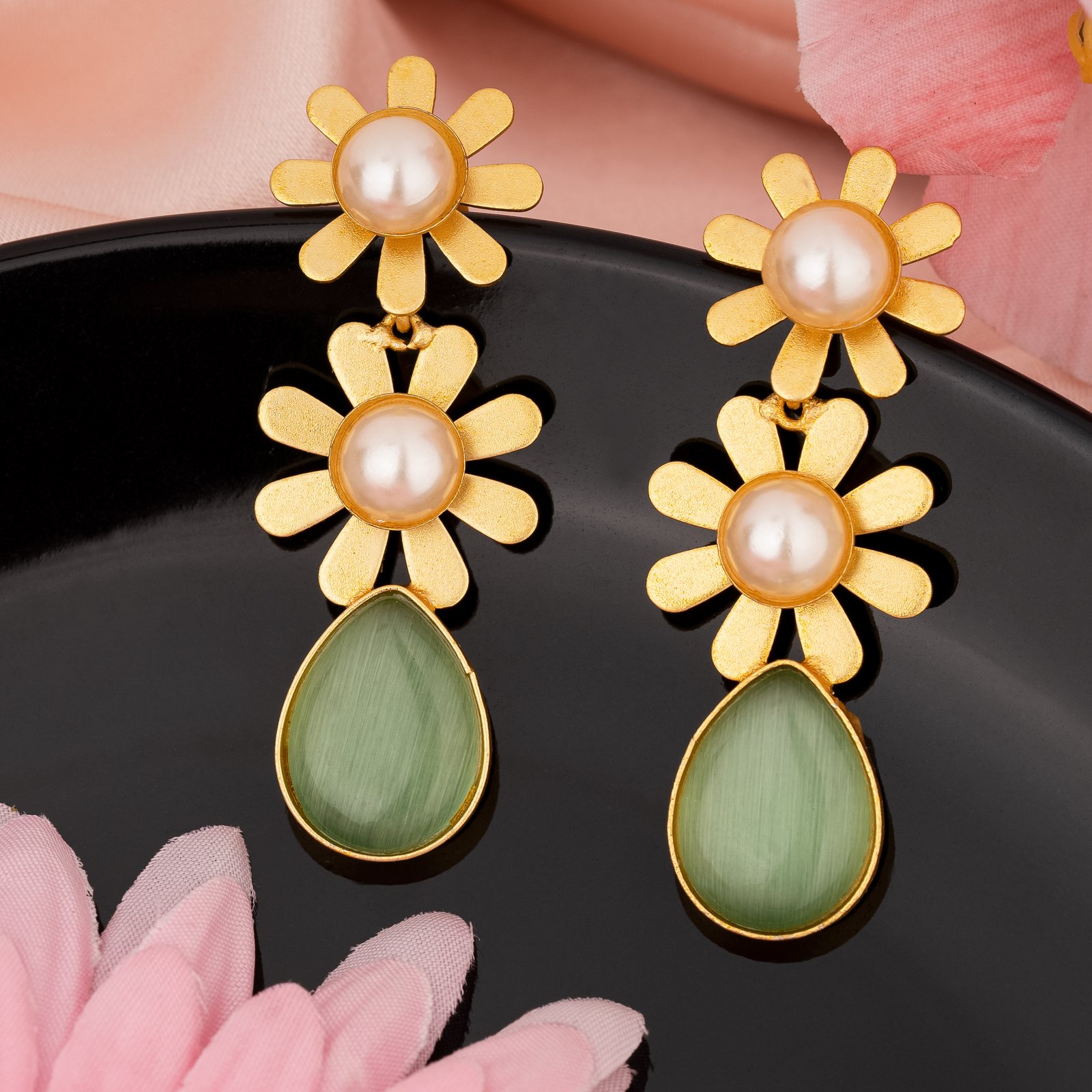 Charmiq Black Stone Floral Brass Hoop Earrings