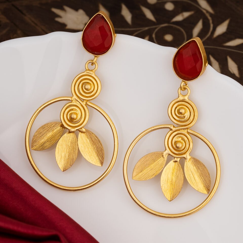 Red Stone & Leaf Motif Brass Earrings