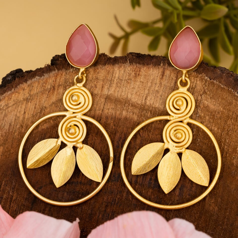 Pink Stone & Leaf Motif Brass Earrings