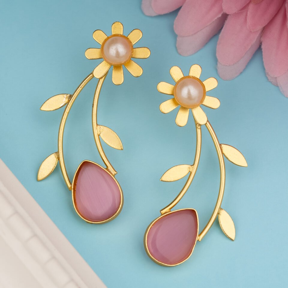 Charmiq Designer Floral Brass Earrings with Pearl & Pink Drops