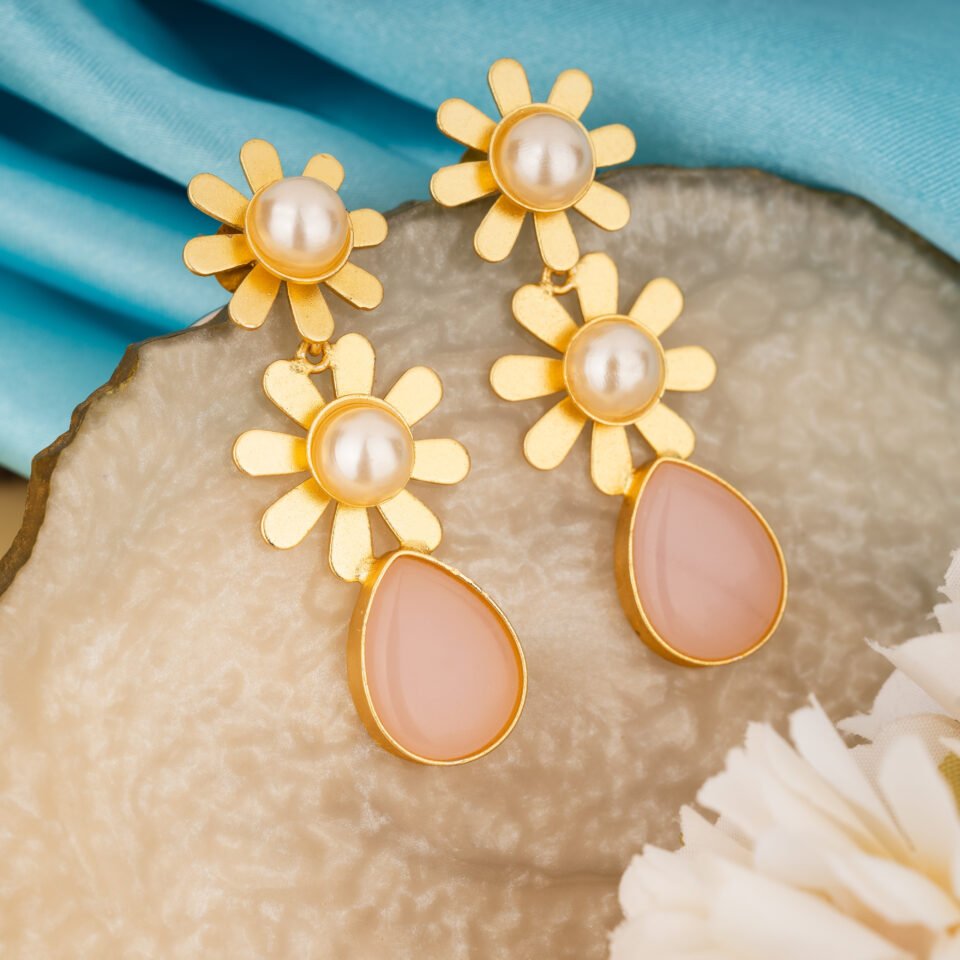Charmiq Pink Stone Floral Brass Hoop Earrings