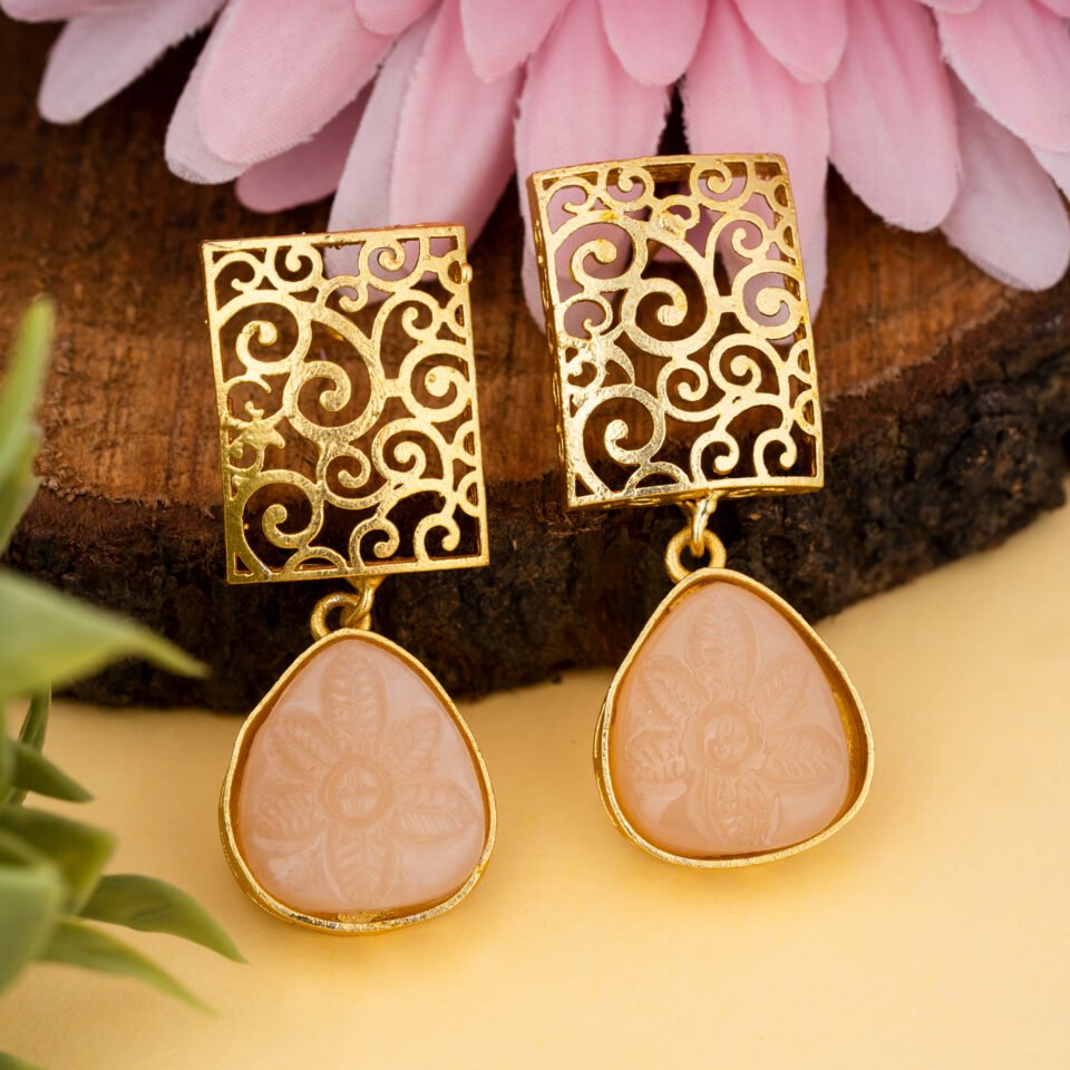 Gold Filigree Rectangle & Floral Stone Drop Brass Earrings