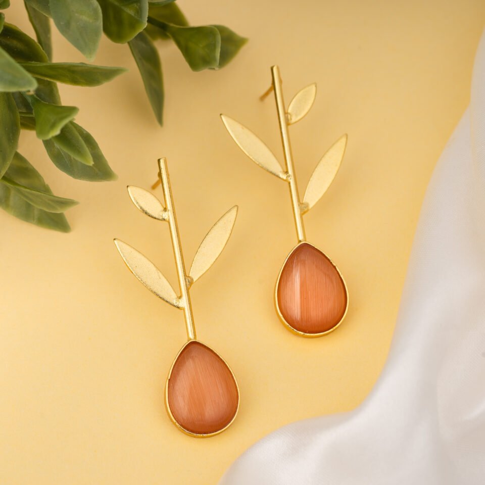 Orange Teardrop Stone Leaf Earrings