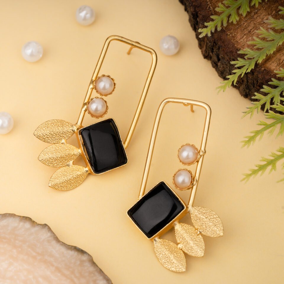 Charmiq Embossed Brass Earrings with Black Pearl Center