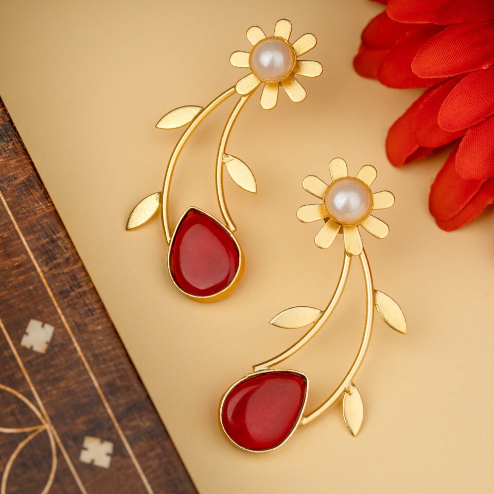 Charmiq Floral Brass Earrings with Red Stone Drops