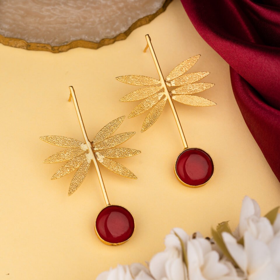 Dragonfly Inspired Brass Earrings with Red Stone