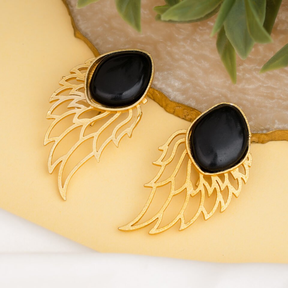 Charmiq Angel Wing Brass Earrings with Black Stone