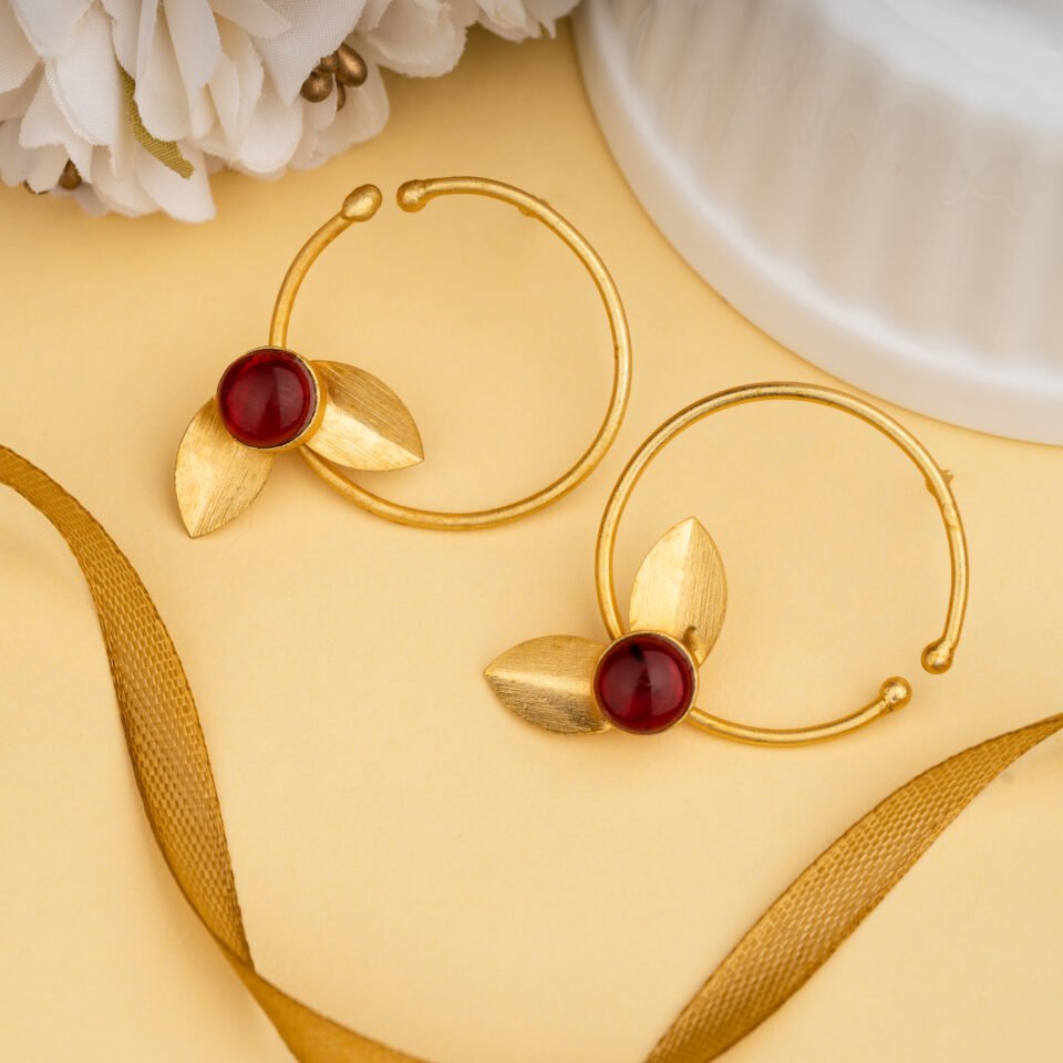 Charmiq Women’s Brass Floral Hoop Earrings with Maroon Stone