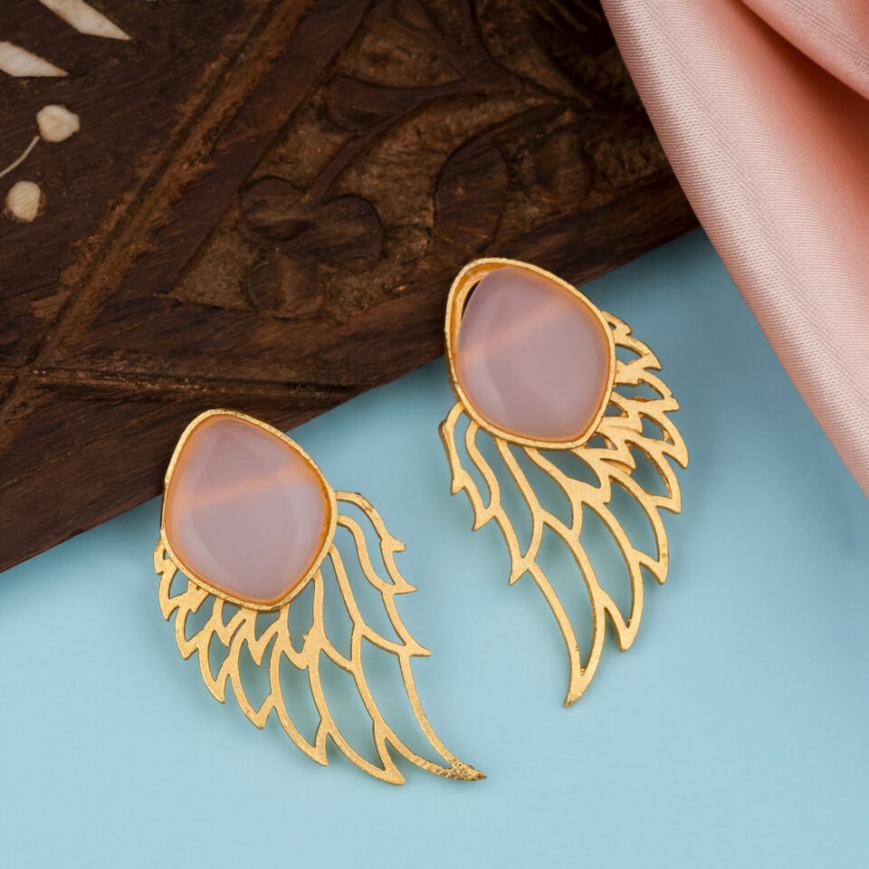 Charmiq Designer Floral Brass Earrings with Pearl & Pink Drops