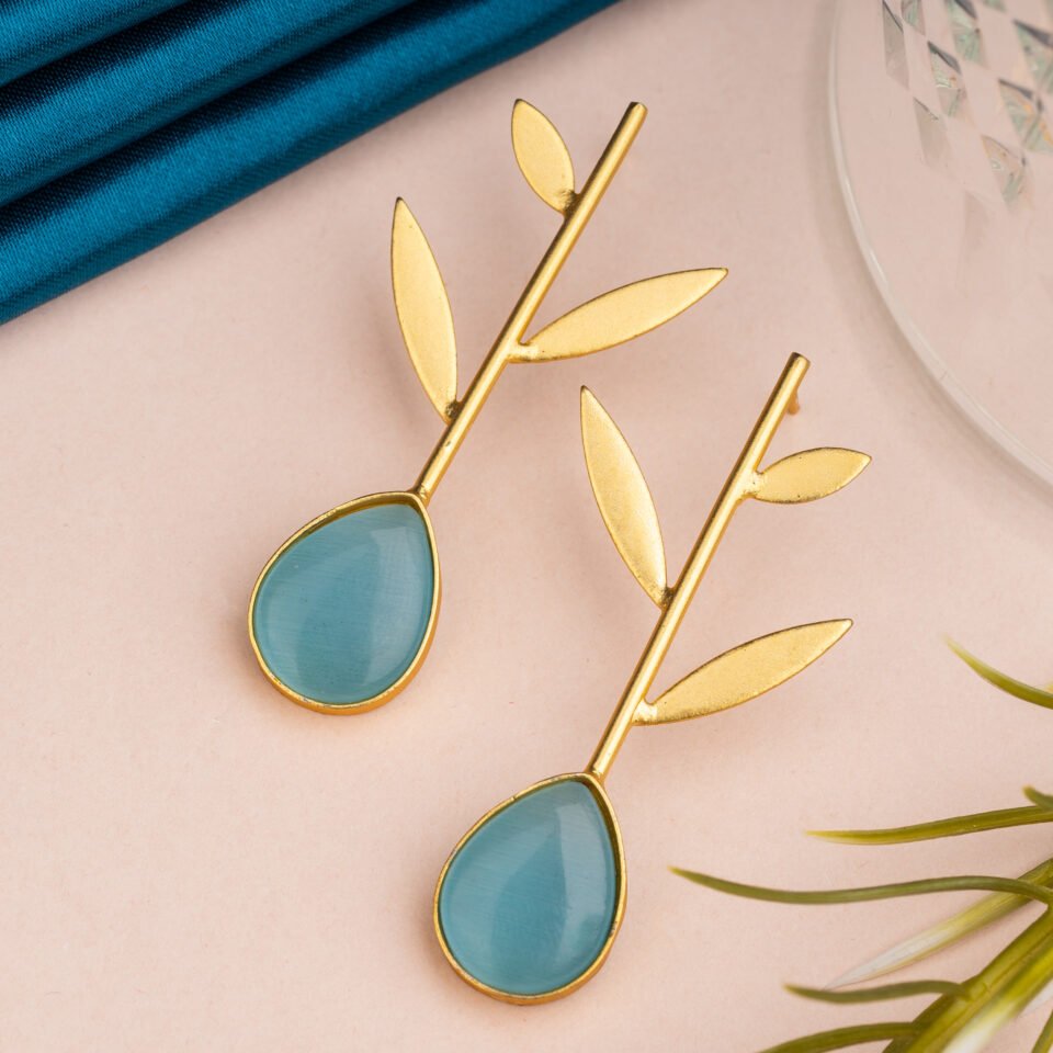 Aqua Blue Teardrop Stone Leaf Earrings