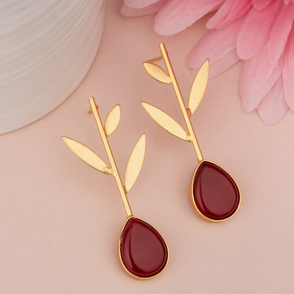 Red Teardrop Stone Leaf Earrings