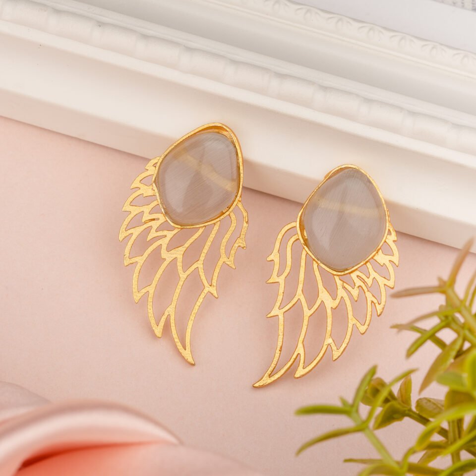 Charmiq Angel Wing Brass Earrings with Beige Stone