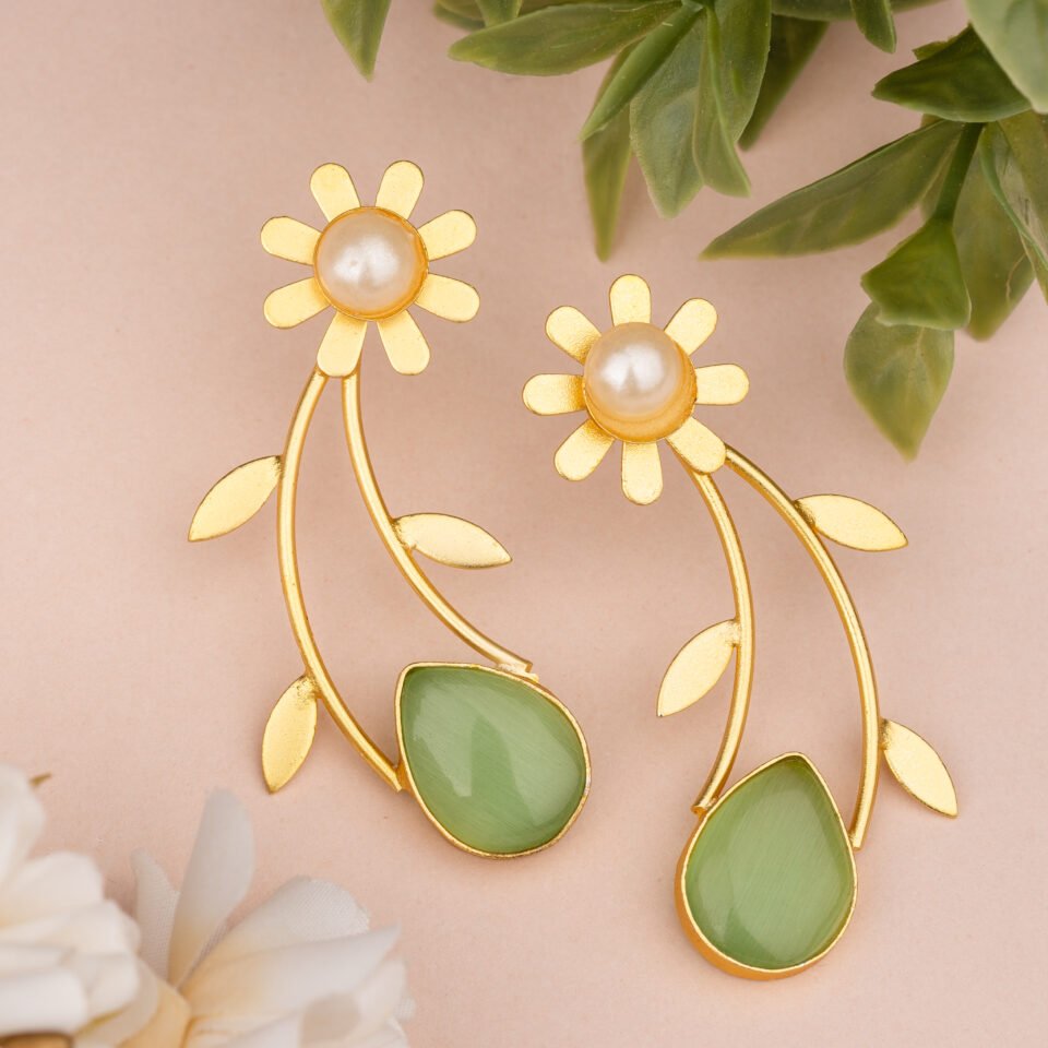 Charmiq Floral Brass Earrings with Green Stone Drops