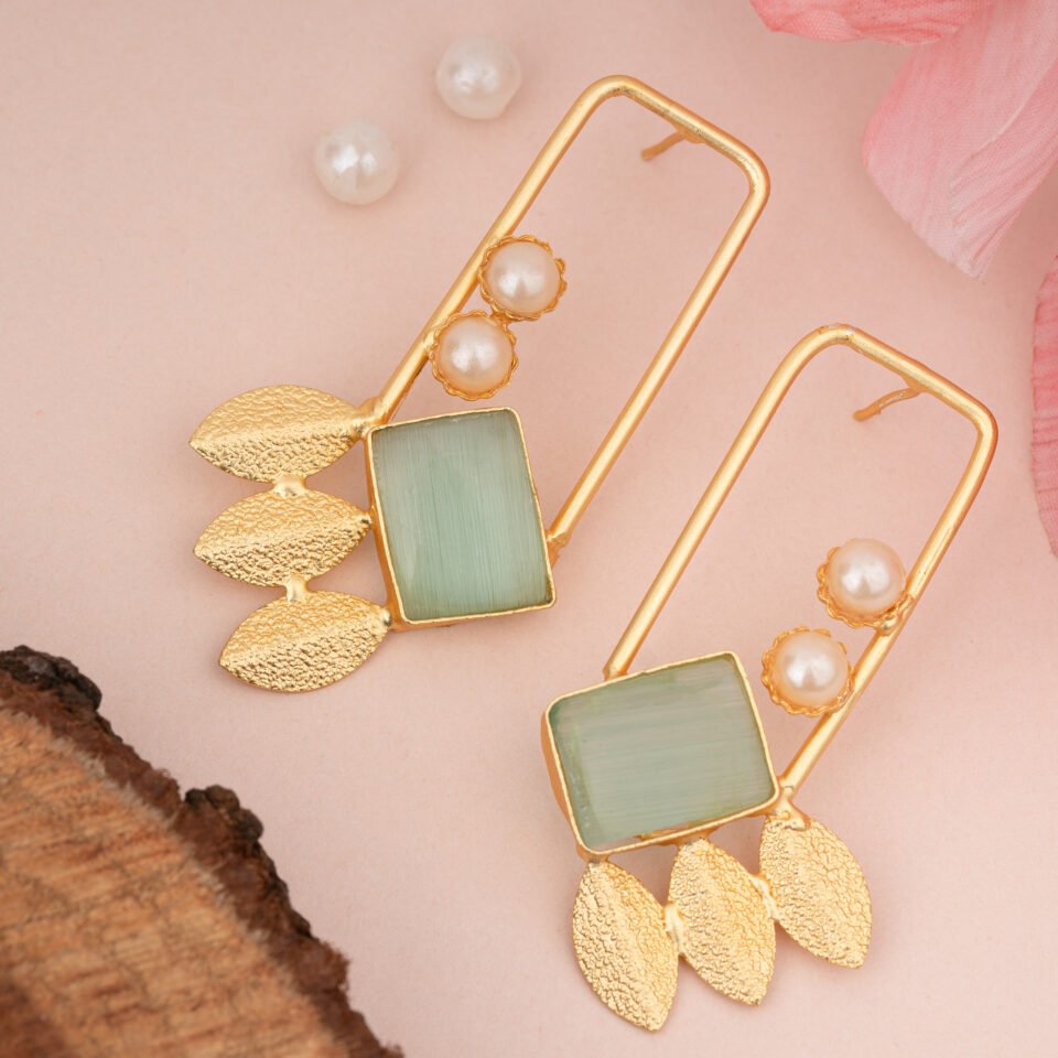 Charmiq Geometric Brass Earrings with Pearl & Aqua Square Stone
