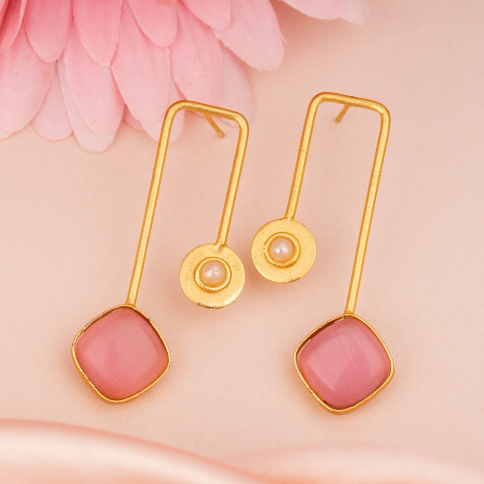 Pink Square Stone Brass Earrings with Pearl Accents