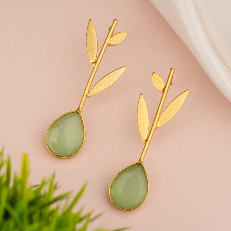 Green Teardrop Stone Leaf Earrings