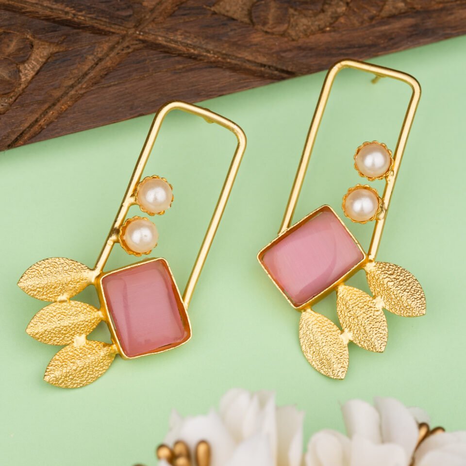 Charmiq Geometric Brass Earrings with Pearl & Pink Square Stone