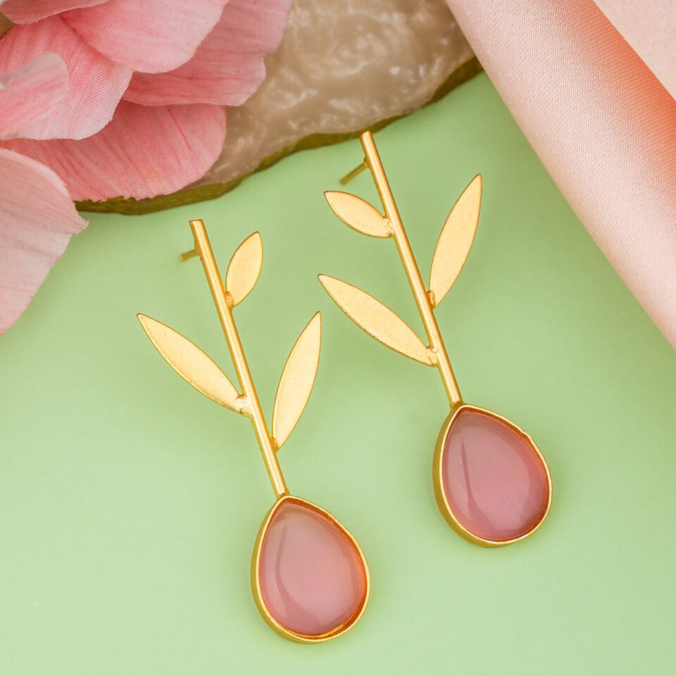 Pink Teardrop Stone Leaf Earrings