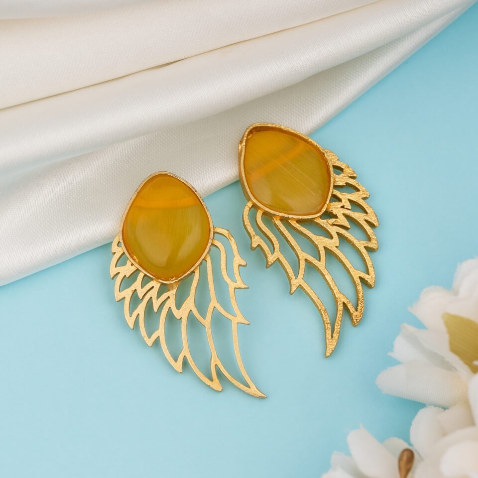 Charmiq Angel Wing Brass Earrings with Yellow Stone