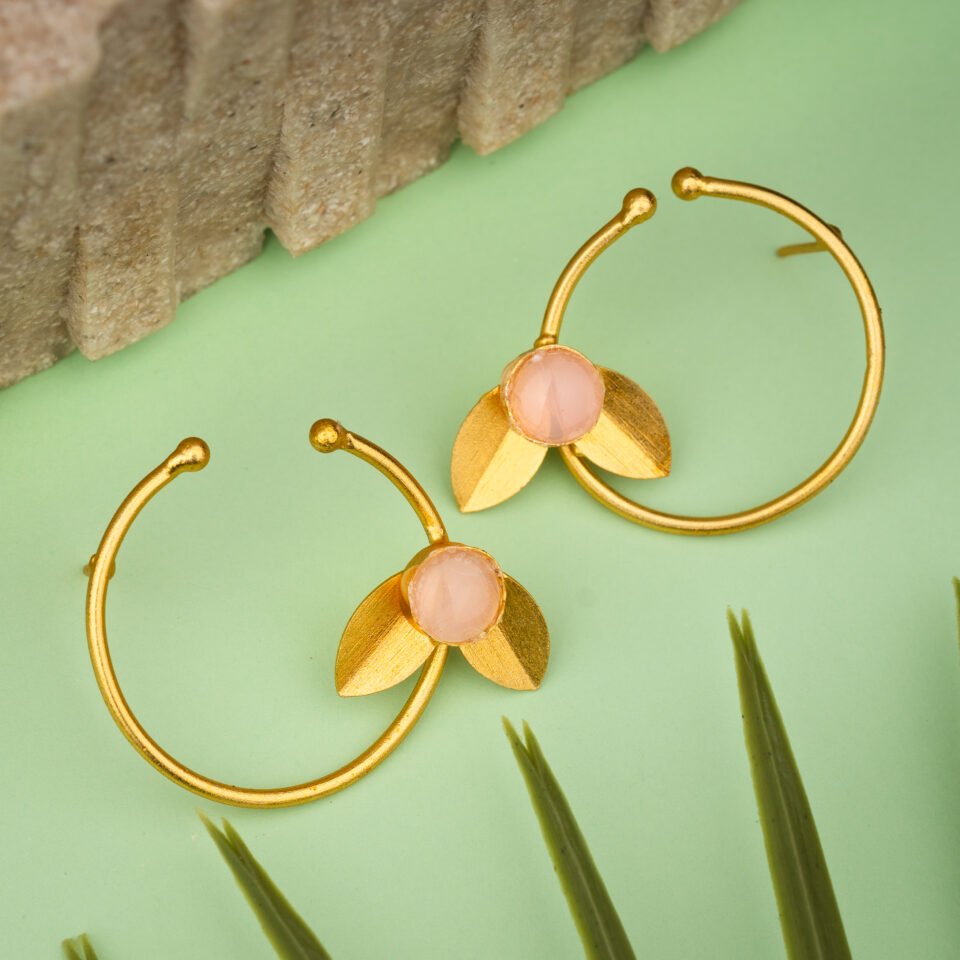 Charmiq Women’s Brass Floral Hoop Earrings with Pink Stone