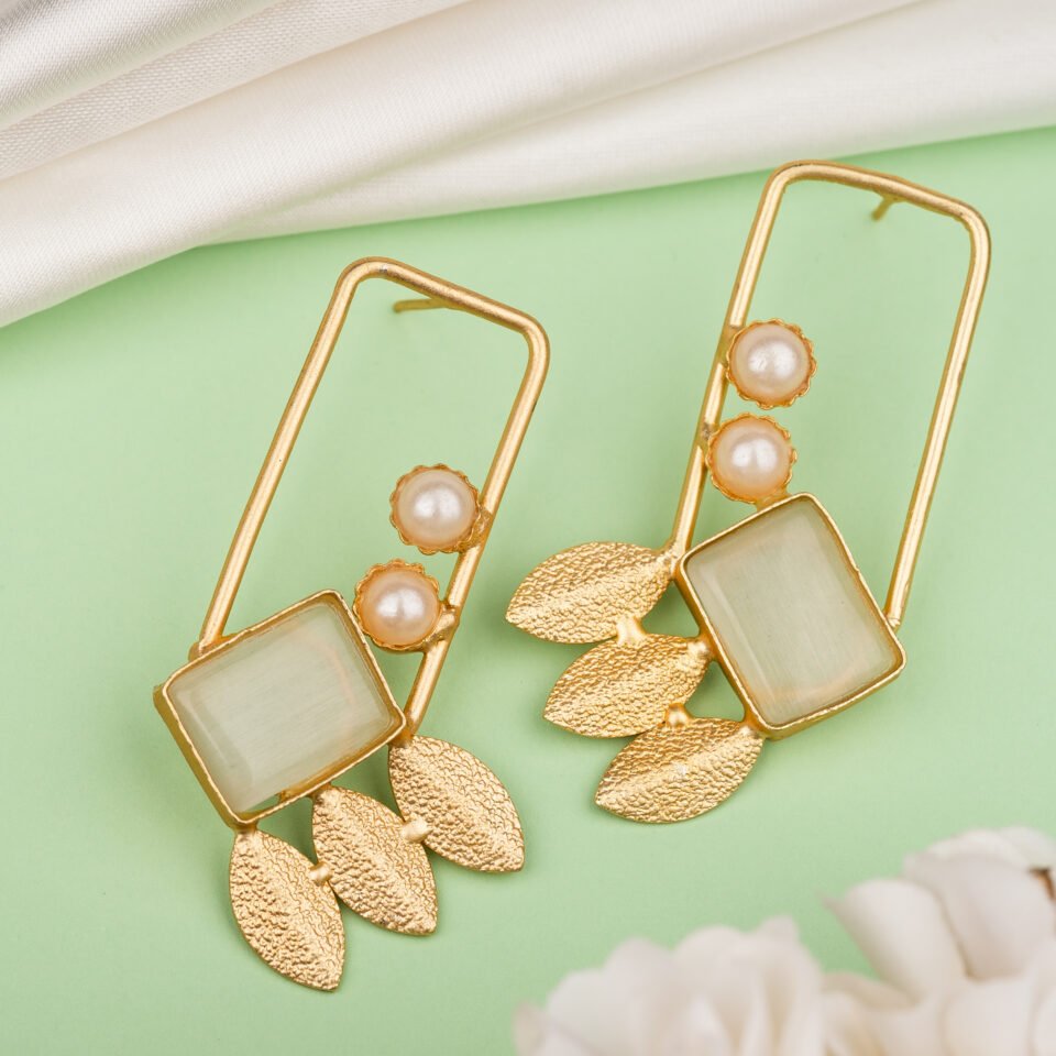 Charmiq Geometric Brass Earrings with Pearl & Square Stone