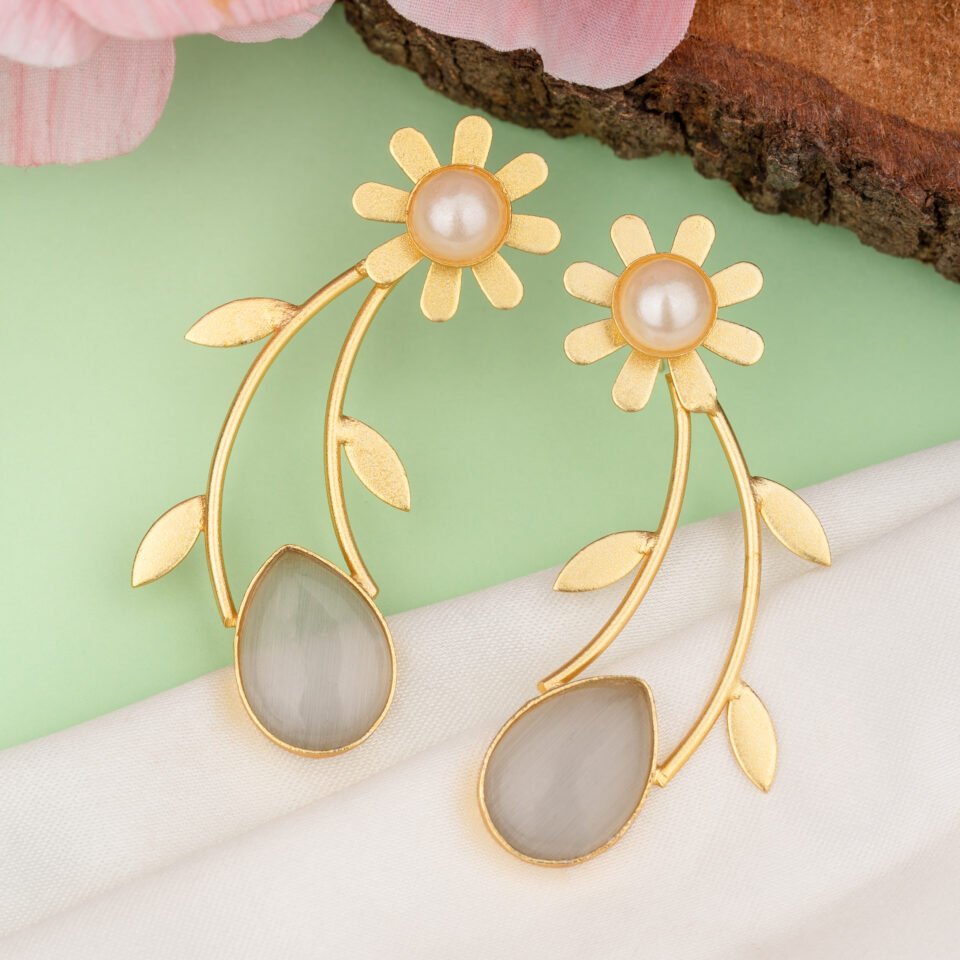Charmiq Floral Brass Earrings with Beige Stone Drops