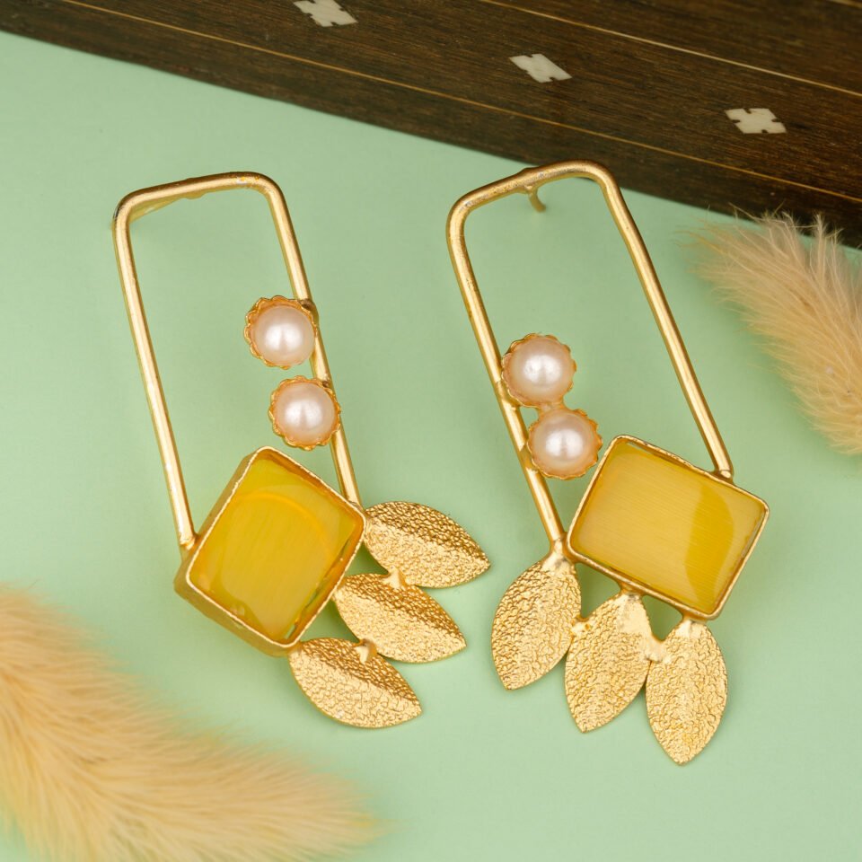 Charmiq Geometric Brass Earrings with Yellow & Square Stone