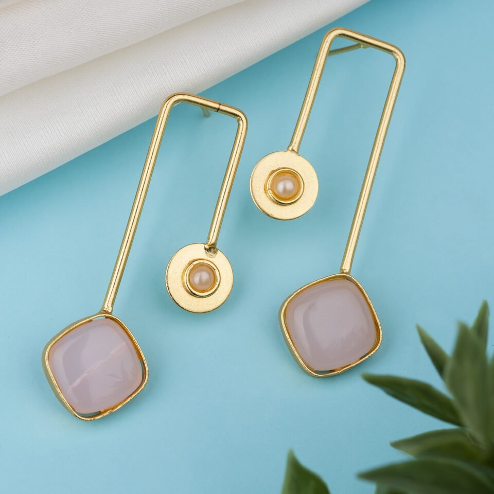 Peach Square Stone Brass Earrings with Pearl Accents