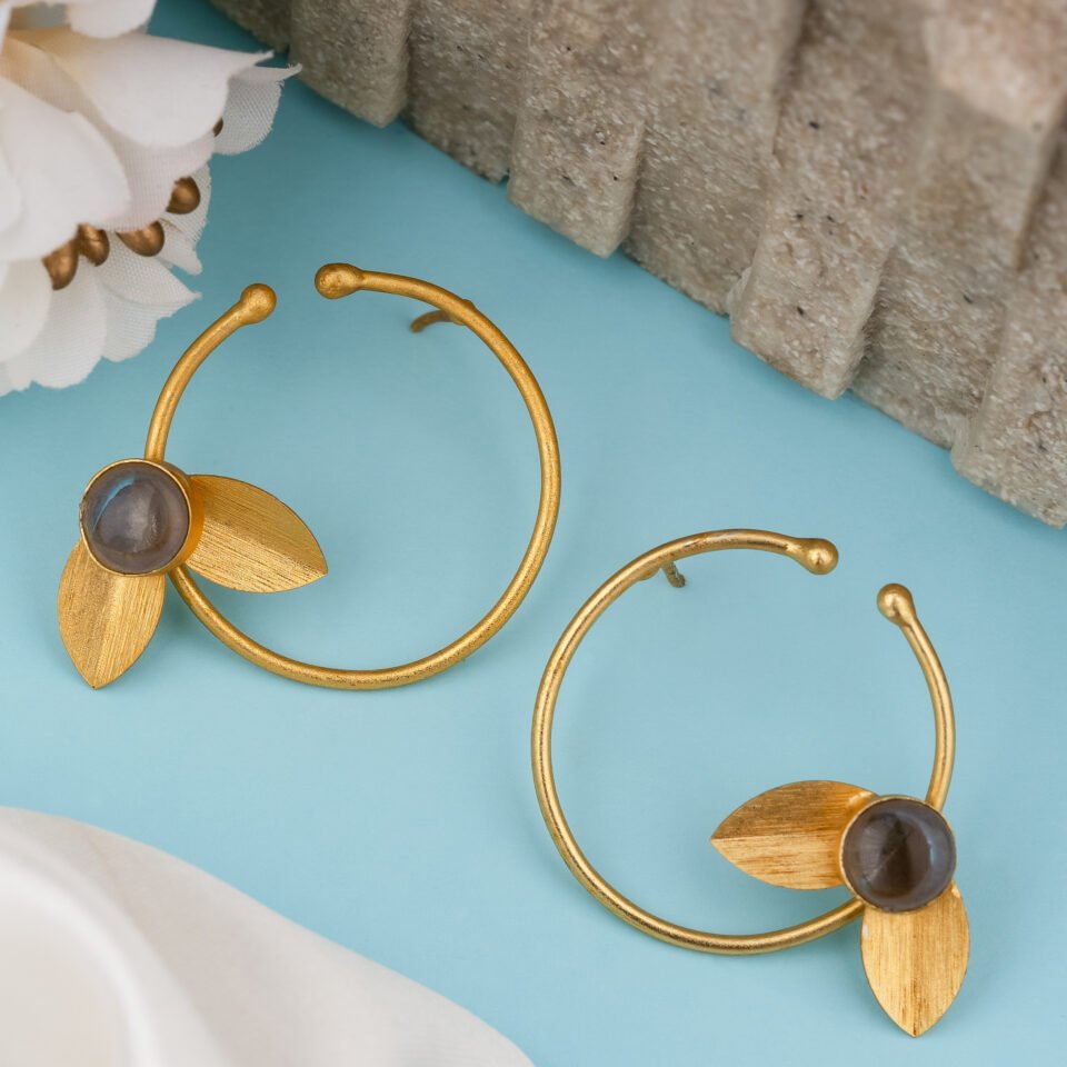 Charmiq Women’s Brass Floral Hoop Earrings with Grey Stone