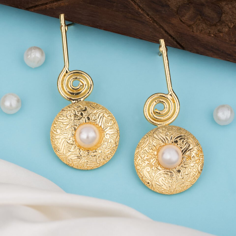 Charmiq Rope Twist Brass Earrings with Beige Drop