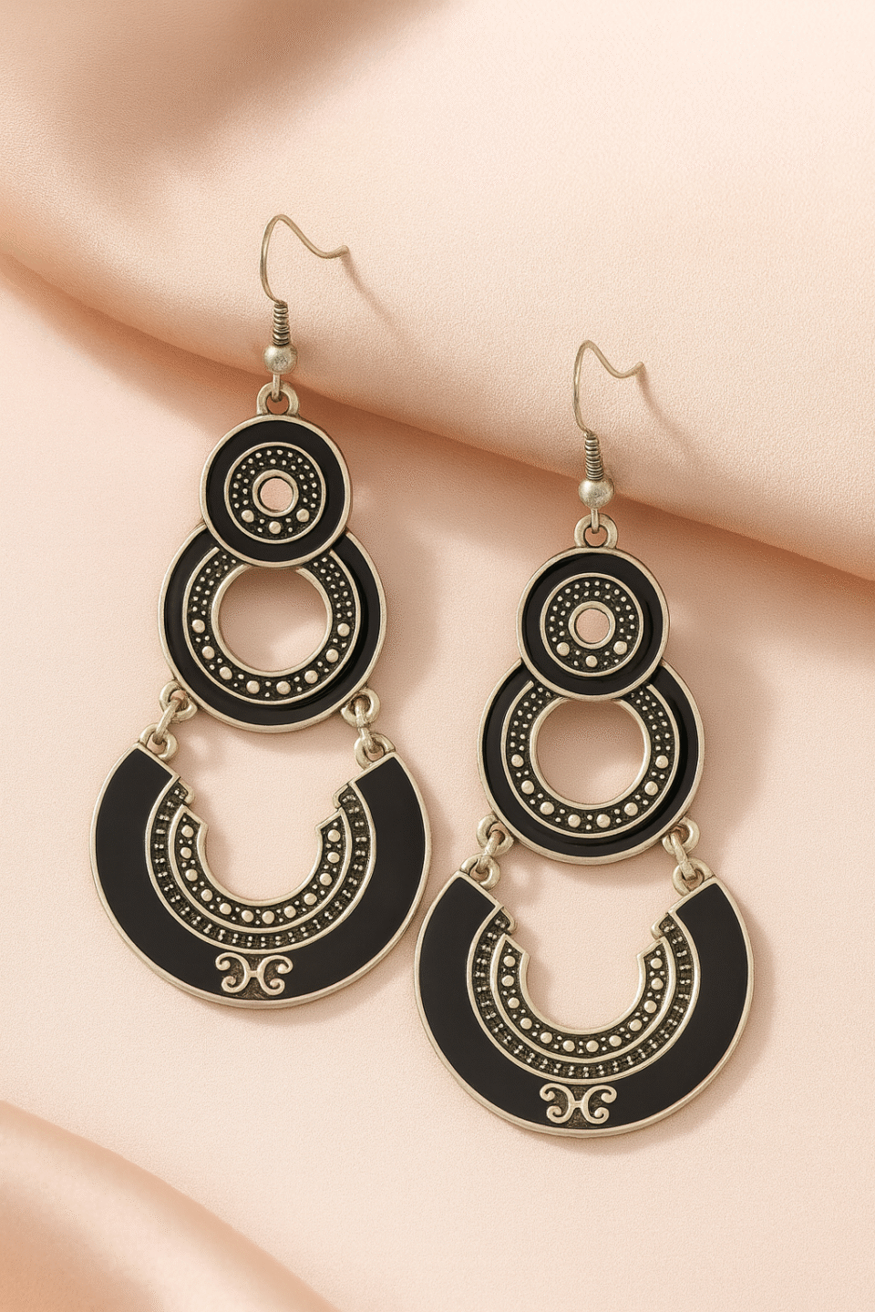 Oxidised Silver Black Enamel Work Double Dangler Chandbali Earrings for Women