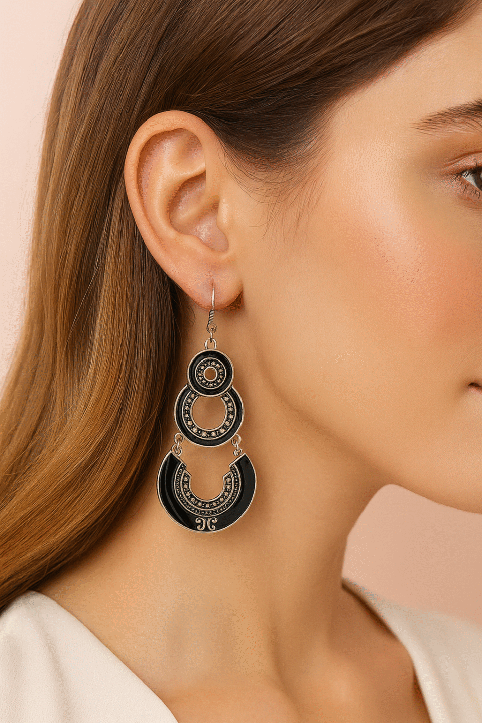 Oxidised Silver Black Enamel Work Double Dangler Chandbali Earrings for Women,