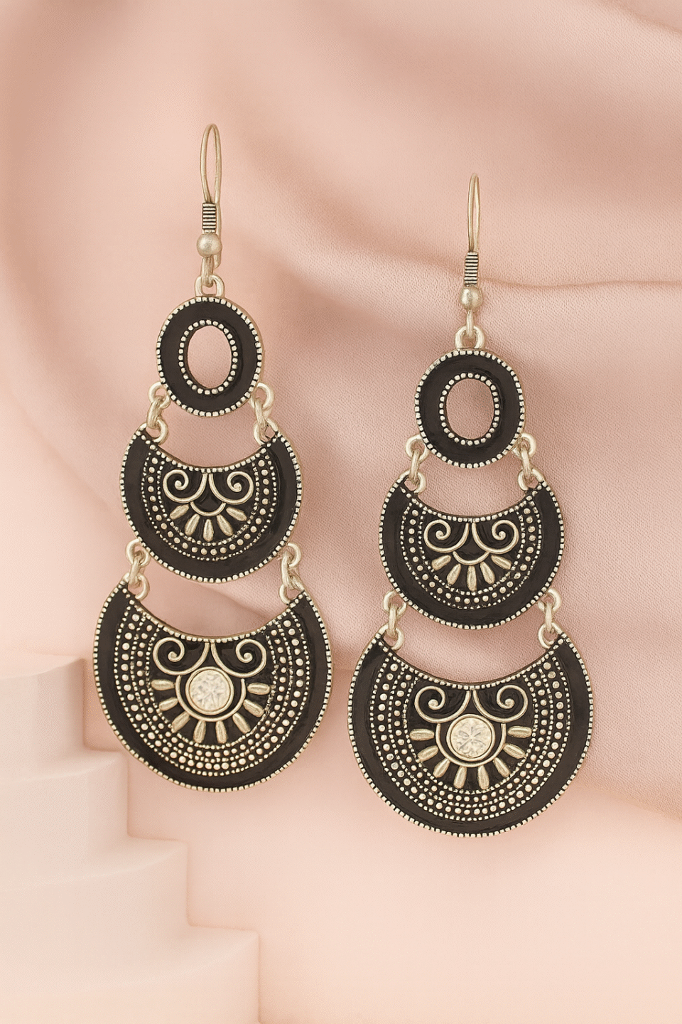 Silver Black Enamel Work 3 Layered Dangler Chandbali Earrings