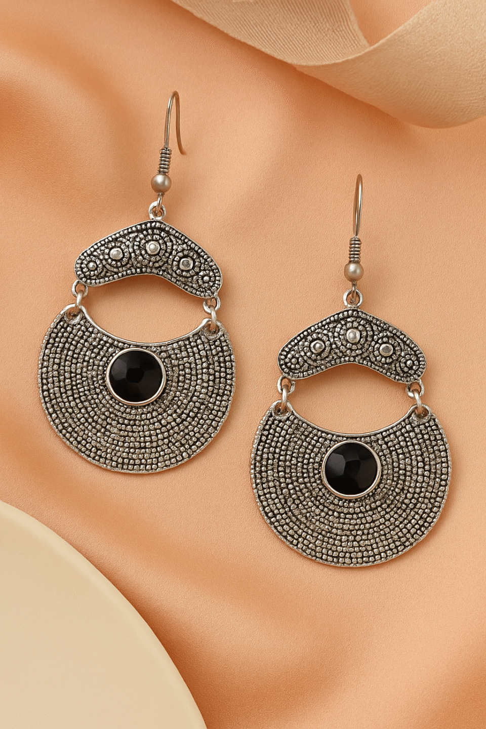 Silver Black Stone Studded Antique Finish Dangler Earrings