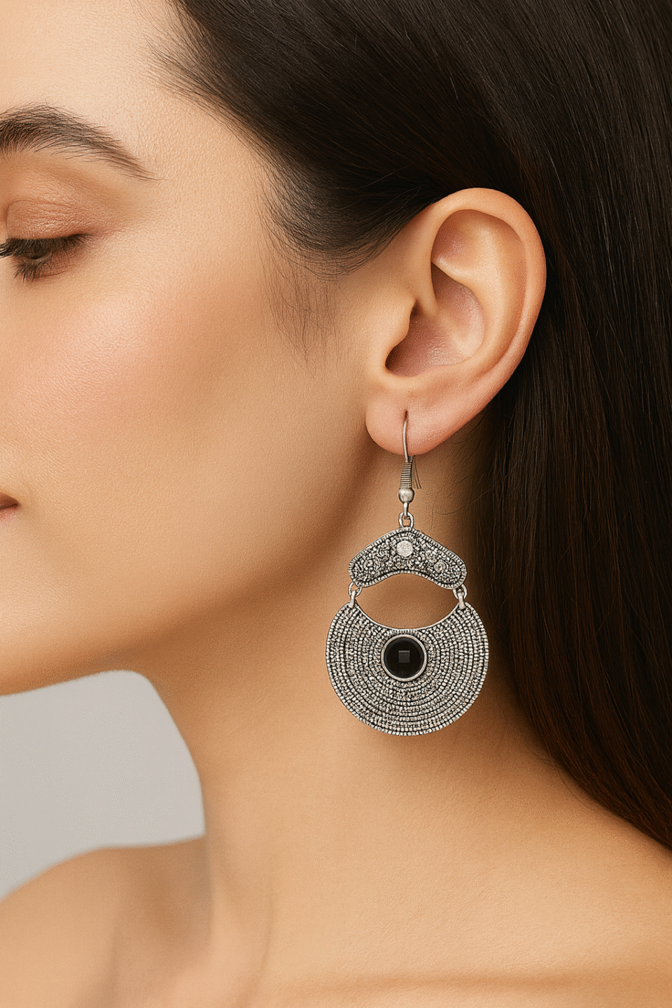Silver Black Stone Studded Antique Finish Dangler Earrings