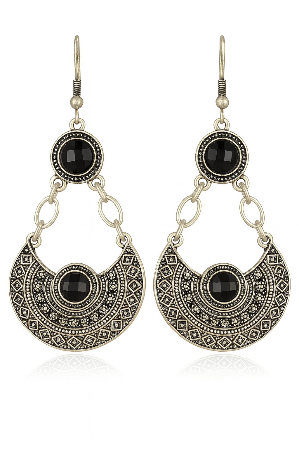 Antique Silver Black Stone Dangler Earrings
