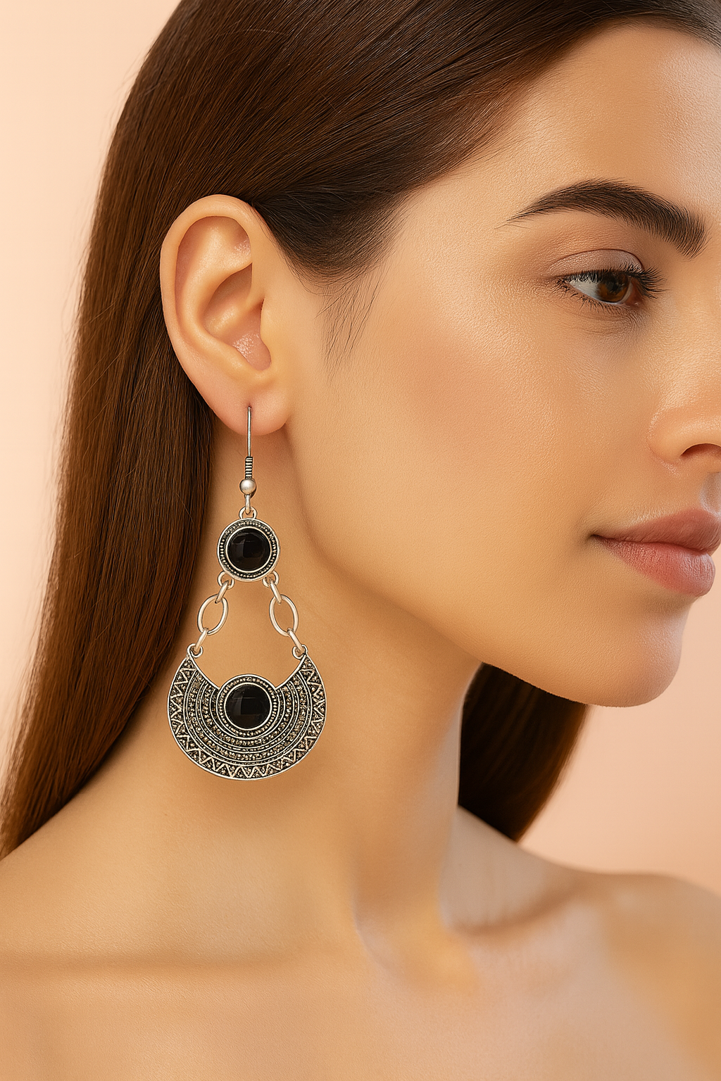 Antique Silver Black Stone Dangler Earrings