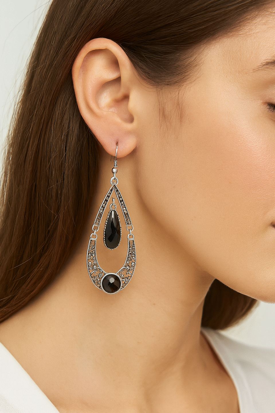 Vintage Black Stone Teardrop Chandbali Earrings | Antique Silver Finish, Party & Ethnic Wear
